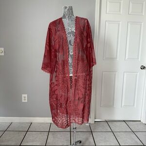 DAVID AND YOUNG sheer rose kimono coverup, lace, elaborate embroidery.